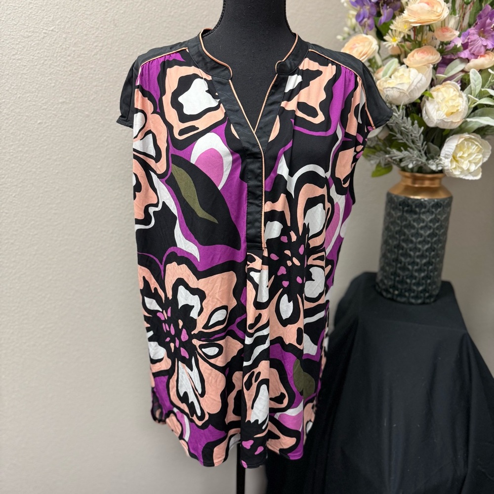 Worthington Woman 1X Bold Floral Print Blouse Black Pink Purple Plus Size Top